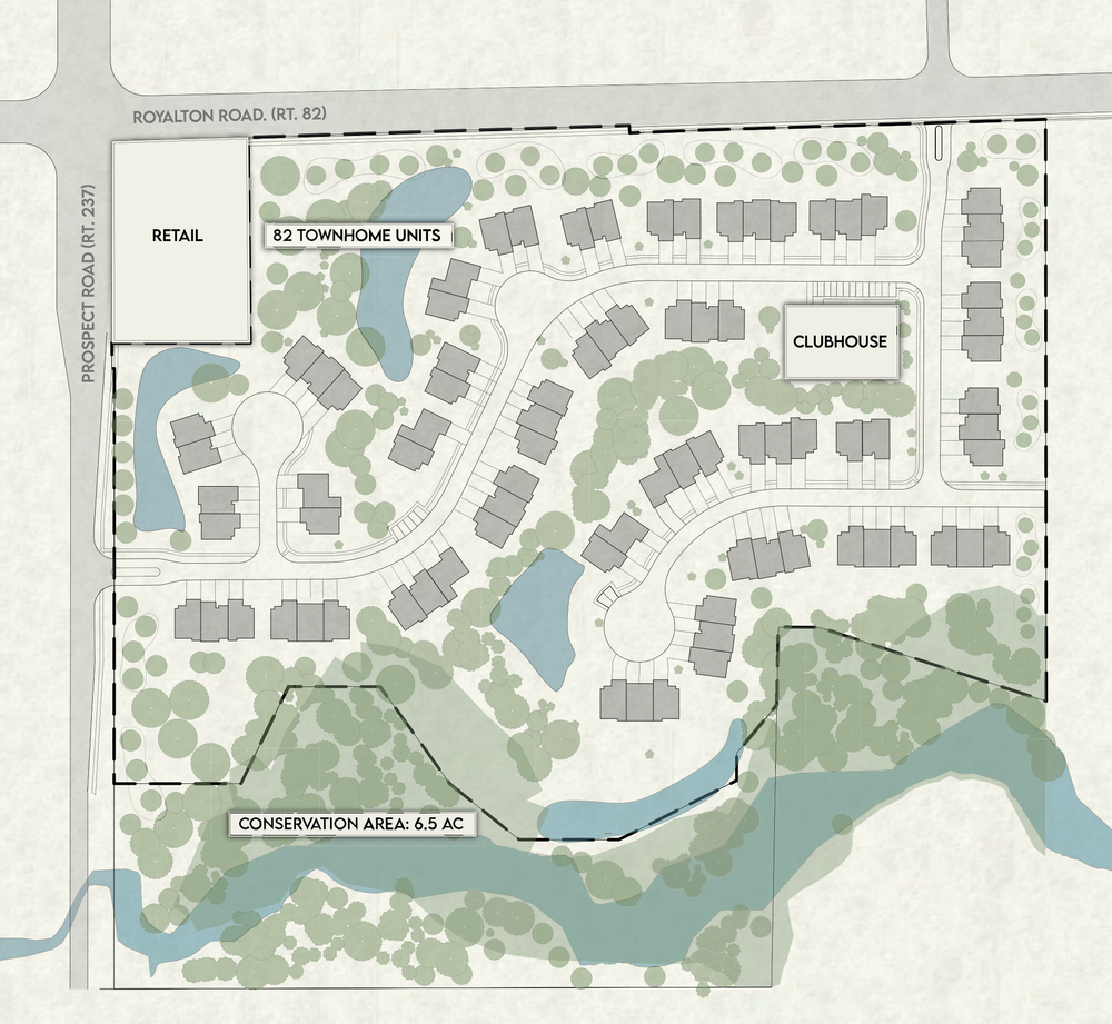 Site plan of Camden Woods, detailing the layout of various buildings, amenities, and pathways within the property.