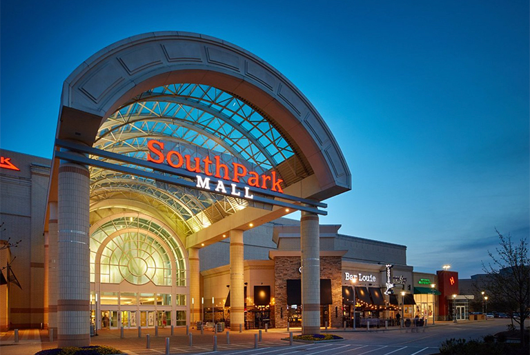 South Park Mall, depicting the exterior of the shopping center and surrounding area.