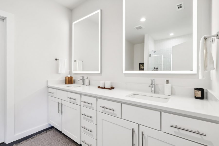 Beech Unit Bathroom with Double Sinks and Mirrors