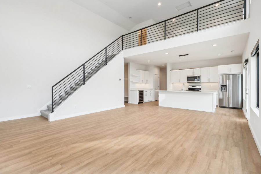 Willow Unit Main Living Area, Showing the Staircase and Kitchen with Wine Bar/Coffee Area