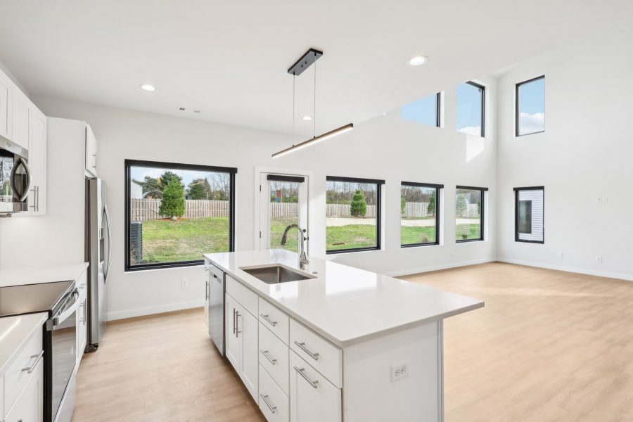 Willow Unit Main Kitchen, View Across the Island to the Windows